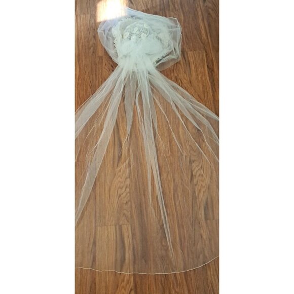 Vintage Bridal Wedding Hat W 42" Veil White Seed Pearls Sequins Large 1980s READ - Picture 10 of 12